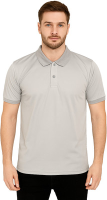 YUALIN CREATION Solid Men Polo Neck Grey T-Shirt