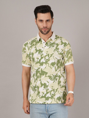 DAVNO Floral Print Men Polo Neck Light Green T-Shirt