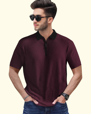 TELOXY Self Design Men Zip Neck Maroon T-Shirt