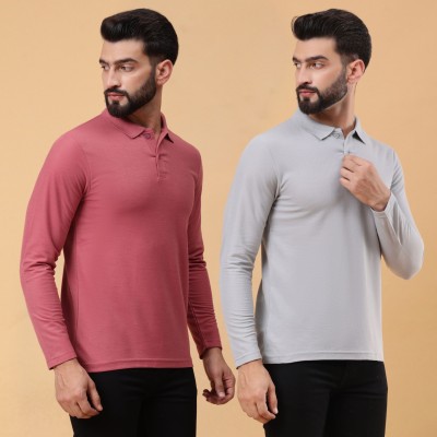 We Perfect Solid Men Polo Neck Grey, Pink T-Shirt