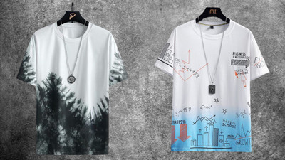 OOKTAS Printed Men Round Neck Black, White, Light Blue T-Shirt