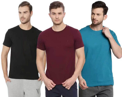 VAN HEUSEN Solid Men Round Neck Grey, Maroon, Blue T-Shirt