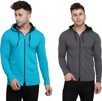 Money Leaf Solid Men Hooded Neck Light Blue, Grey T-Shirt