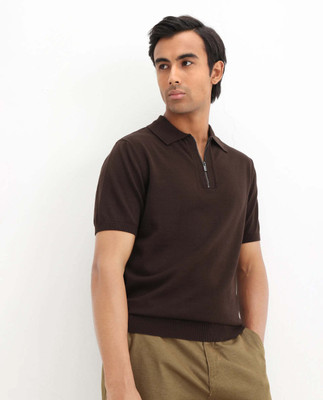 RARE RABBIT Solid Men Polo Neck Brown T-Shirt