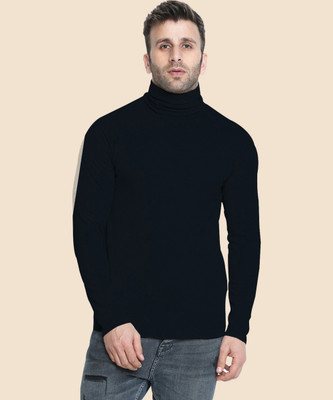 CHKOKKO Solid Men Turtle Neck Blue T-Shirt