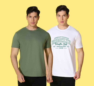 WOOSTRO Solid, Typography Men Round Neck White, Green T-Shirt