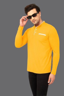 TEEMEX Solid Men Mandarin Collar Yellow T-Shirt