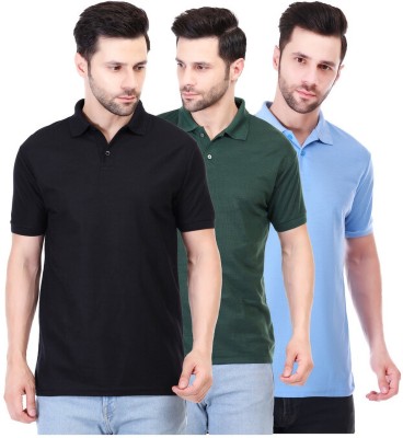 Fabarroe Solid Men Polo Neck Black, Dark Green, Light Blue T-Shirt