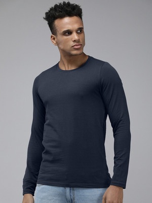 RULEDBYSUN Solid Men Round Neck Navy Blue T-Shirt