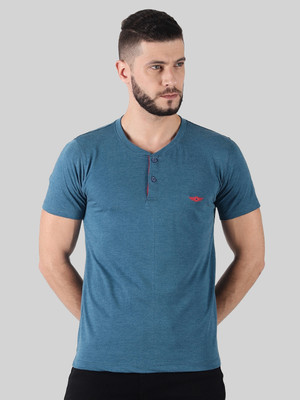 Force NXT Solid Men Henley Neck Blue T-Shirt