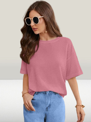 Blludart Self Design Women Round Neck Pink T-Shirt