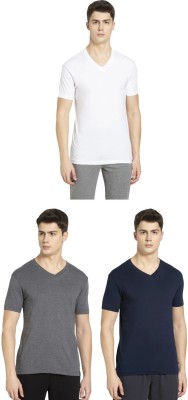 JOCKEY Solid Men V Neck Grey, Dark Blue, White T-Shirt