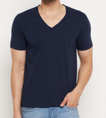 Wild West Solid Men V Neck Navy Blue T-Shirt