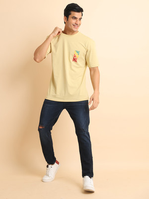 BERRYBLUES Printed, Typography Men Round Neck Beige T-Shirt
