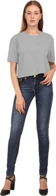 THE BLAZZE Solid Women Round Neck Grey T-Shirt