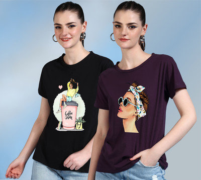 METRONAUT Printed Women Round Neck Purple, Black T-Shirt