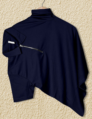 PRAIZY Solid Men Zip Neck Dark Blue T-Shirt
