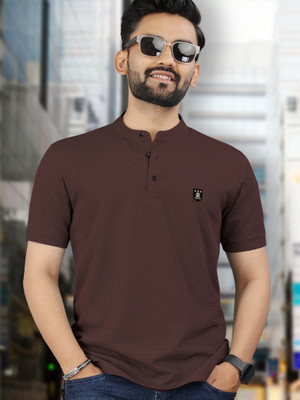 VeBNoR Solid Men Mandarin Collar Brown T-Shirt