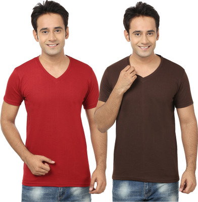 Tresna Trending Self Design, Solid Men V Neck Maroon, Brown T-Shirt