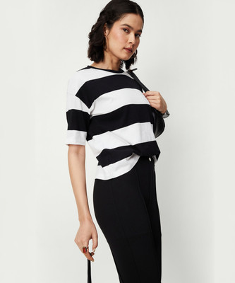MAX Striped Women Round Neck Black T-Shirt