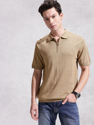 WROGN Self Design Men Polo Neck Brown T-Shirt