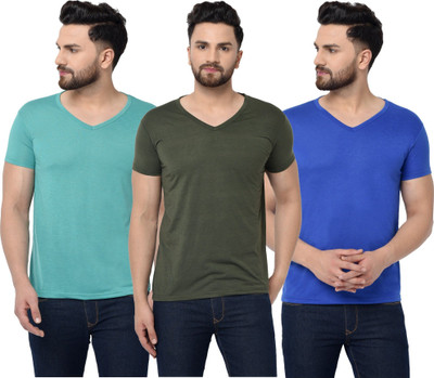 JB Jagoboy Solid Men V Neck Light Blue, Dark Green, Blue T-Shirt