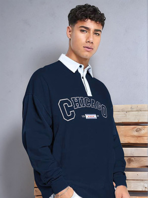 Jump Cuts Printed Men Polo Neck Navy Blue T-Shirt