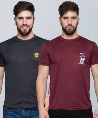 Ekom Self Design Men Round Neck Grey, Maroon T-Shirt