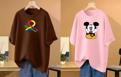 RAPTUROUS Printed Women Round Neck Brown, Pink T-Shirt
