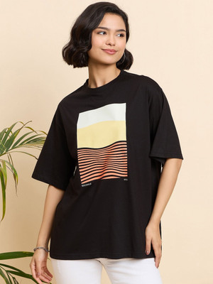 Mast & Harbour Printed Women Round Neck Black T-Shirt