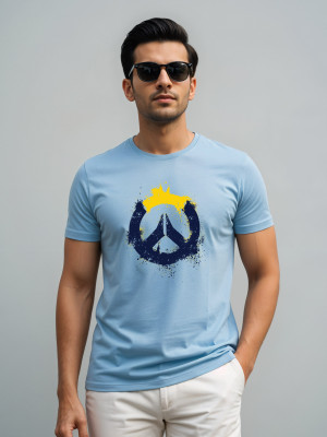 ADRO Printed Men Round Neck Light Blue T-Shirt