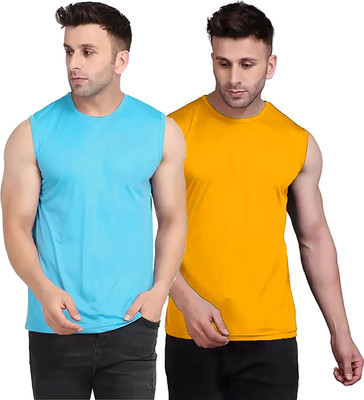 Think Tech Solid Men Round Neck Light Blue, Yellow T-Shirt
