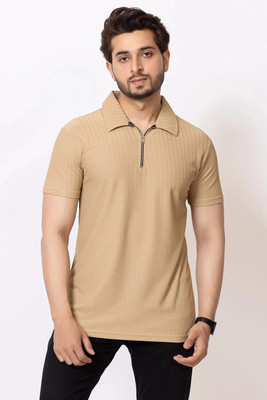 HILFIRE REGION Solid Men Zip Neck Beige T-Shirt