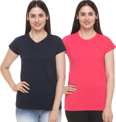 HouseOfCommon Solid Women Round Neck Multicolor T-Shirt