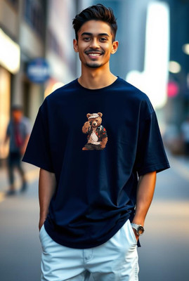 UrGear Printed Men Round Neck Navy Blue T-Shirt