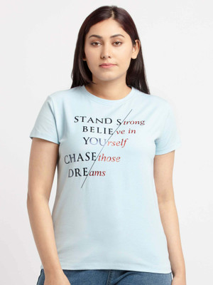 Status Quo Printed Women Round Neck Blue T-Shirt