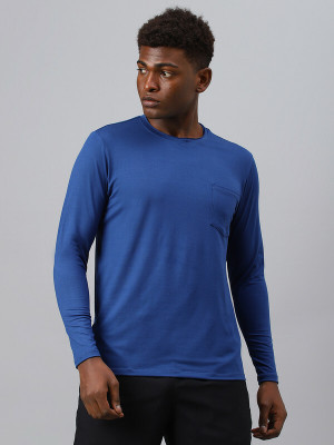 Fitkin Solid Men Round Neck Blue T-Shirt