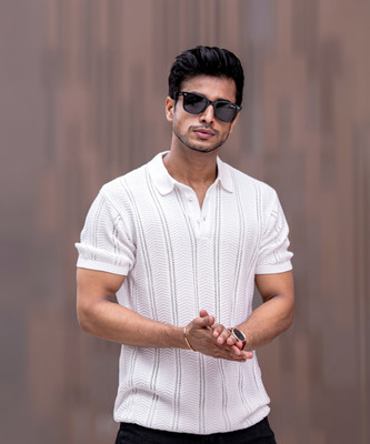 MANIAC Striped Men Polo Neck White T-Shirt