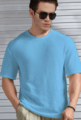 R ARHAN Self Design Men Round Neck Light Blue T-Shirt