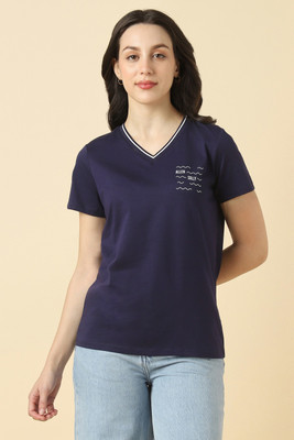 Allen Solly Graphic Print Women V Neck Dark Blue T-Shirt