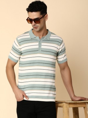 V-MART Striped Men Polo Neck Green T-Shirt