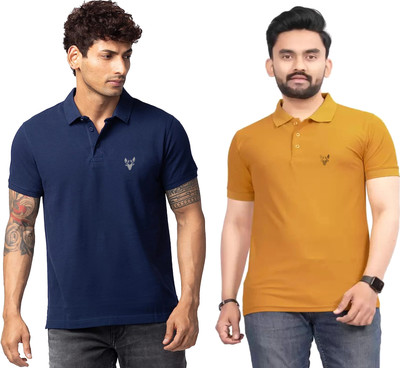 ELEGORY Solid Men Polo Neck Yellow, Dark Blue T-Shirt