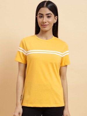 Neesh Striped Women Round Neck Yellow T-Shirt