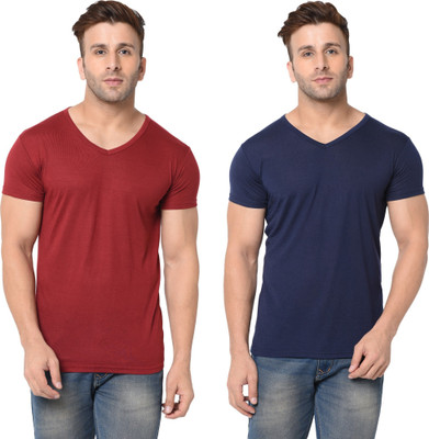 Tresna Trending Solid Men V Neck Dark Blue, Maroon T-Shirt