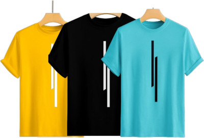 P collection Solid Men Round Neck Yellow, Black, Light Blue T-Shirt