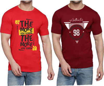 WOOSTRO Printed Men Round Neck Red, Maroon T-Shirt