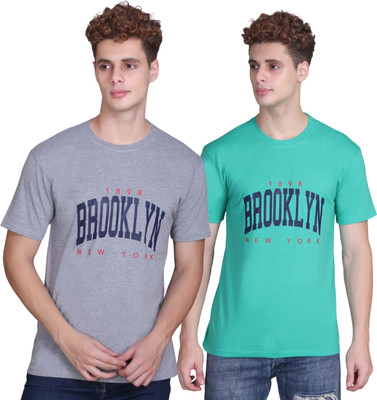 Zeffit Printed Men Round Neck Dark Green, Grey T-Shirt