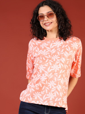 V-MART Printed Women Round Neck Orange T-Shirt