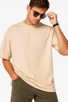 Admek Solid Men Round Neck Beige T-Shirt