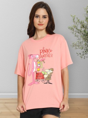 Fabflee Printed Women Round Neck Pink T-Shirt